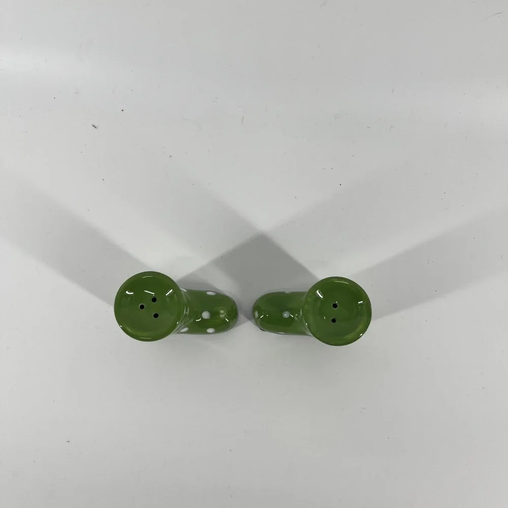 PIER 1 IMPORTS SALT AND PEPPER SHAKER GREEN BOOTS WITH WHITE POLKA DOTS